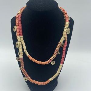 Chico’s Chicos Necklace Wood Beads Gold Discs Coral & Beige Boho Vacation